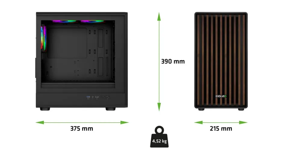 EVOLVEO Panthera, skříň mATX, 6x ARGB ventilátor 120mm, dřevěný přední panel + s