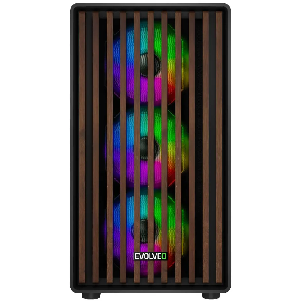 EVOLVEO Panthera, skříň mATX, 6x ARGB ventilátor 120mm, dřevěný přední panel + s