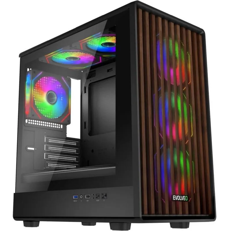 EVOLVEO Panthera, skříň mATX, 6x ARGB ventilátor 120mm, dřevěný přední panel + s