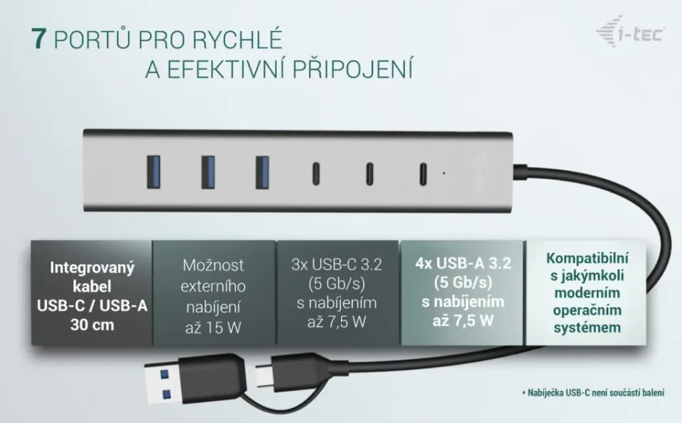 i-tec USB-C/USB-A Charging Metal HUB 7 port (3x USB-C, 4x USB-A)