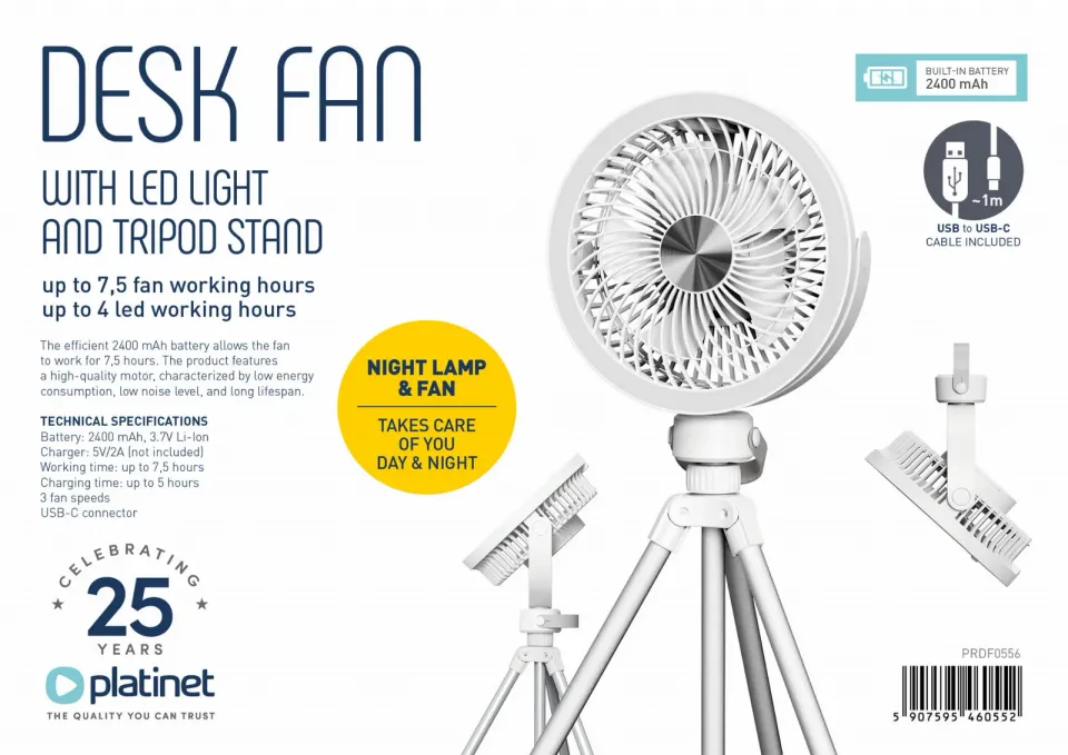 Platinet PRDF0556 stolní ventilátor 14,5 cm, výškově stavitelný tripod, funkce nočního osvětlení, ak