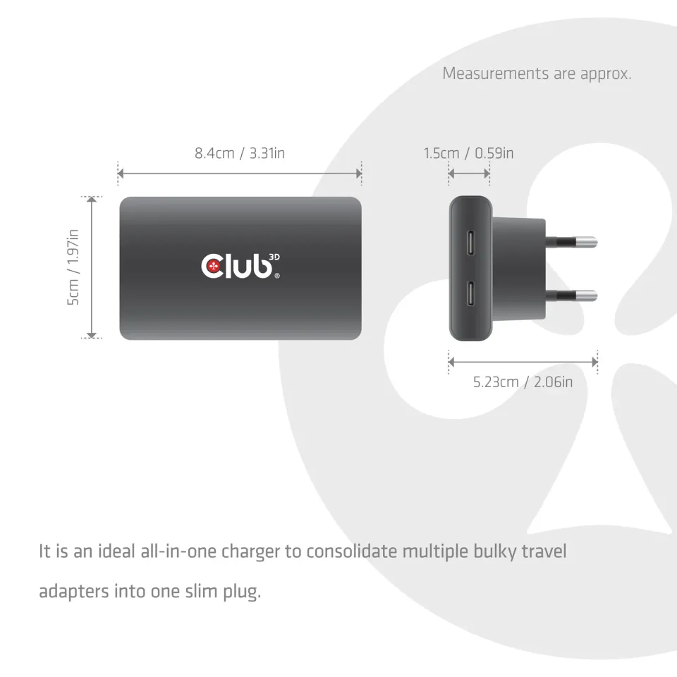 Club3D cestovní nabíječka 65W GAN Technologie, 2 porty (2xUSB-C), PPS, PD 3.1
