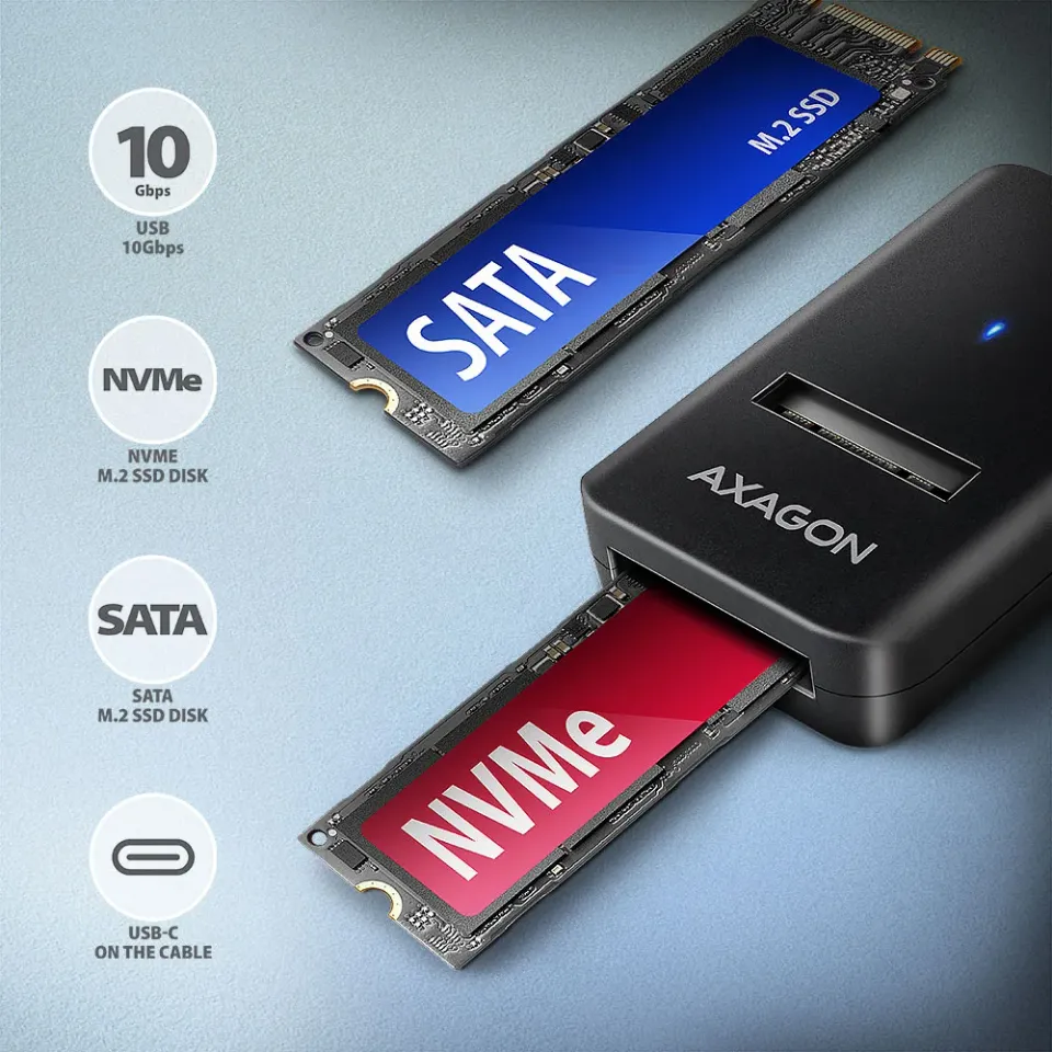 AXAGON ADM2-CM USB-C 10Gbps - M.2 NVMe & SATA SSD adaptér, kabel USB-C 10cm