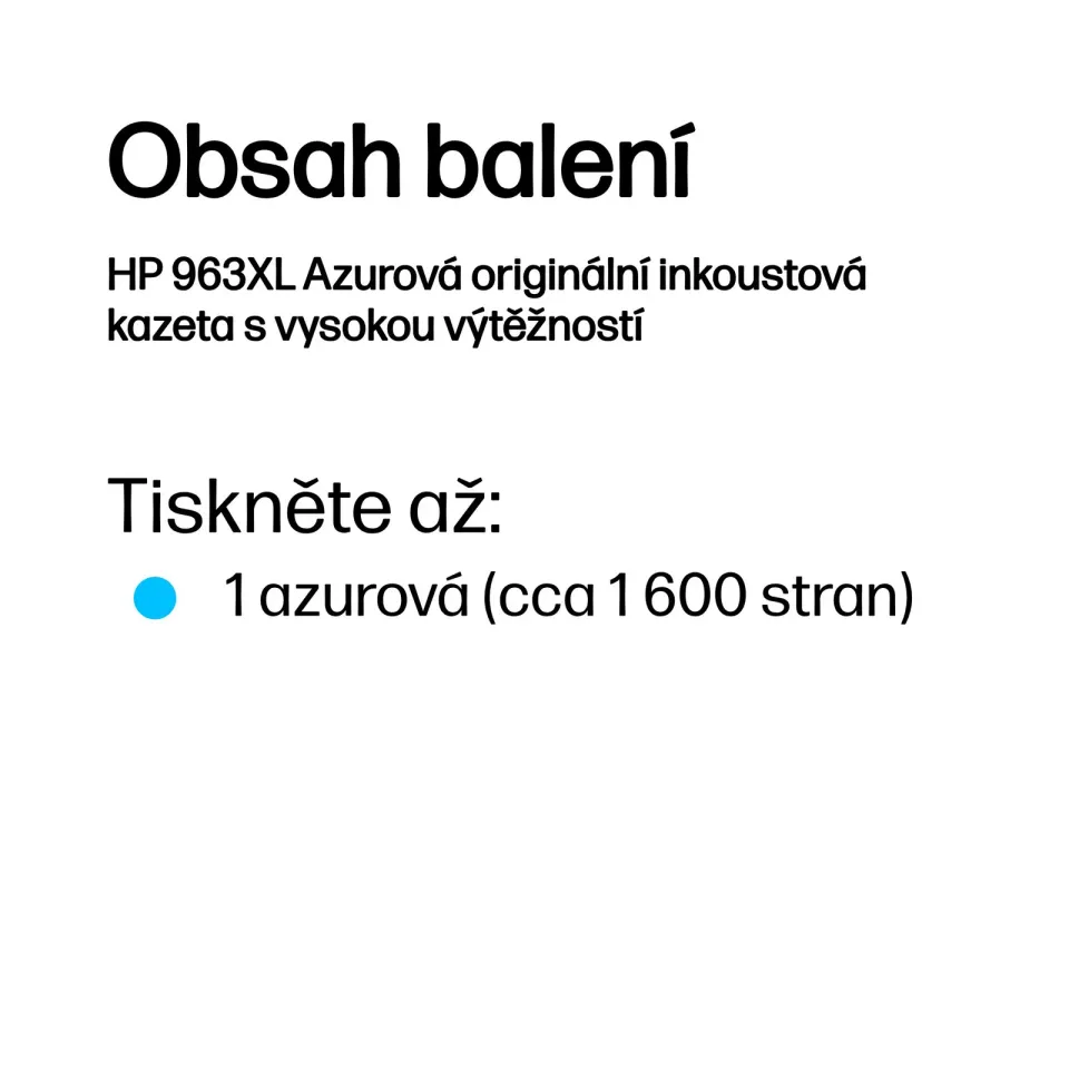 HP 3JA27AE originální náplň azurová velká č.963XL (cyan, cca 1600 stran) (pro OfficeJet Pro 9010, 9013, 9020, 9023, 9022e)