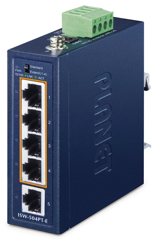 Planet ISW-504PT-E průmyslový kompaktní switch, 1x10/100TX, 4x10/100TX PoE+ 802.3at 120W, -40~75°C, 48-55VDC , IP40