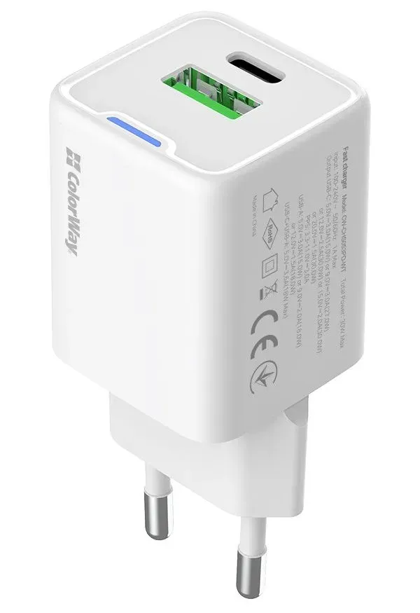 COLORWAY 1x USB-C/ síťová nabíječka/ GaN/ PD/ PPS/ QC/ 30W/ Bílá