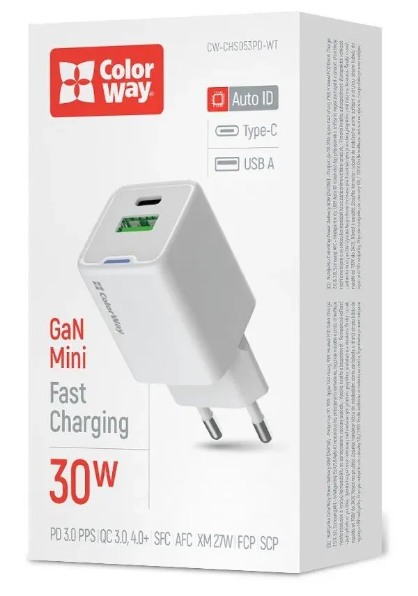 COLORWAY 1x USB-C/ síťová nabíječka/ GaN/ PD/ PPS/ QC/ 30W/ Bílá