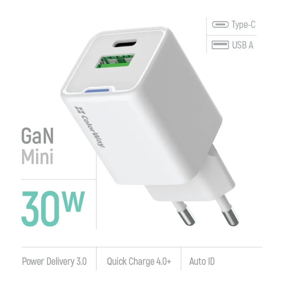 COLORWAY 1x USB-C/ síťová nabíječka/ GaN/ PD/ PPS/ QC/ 30W/ Bílá