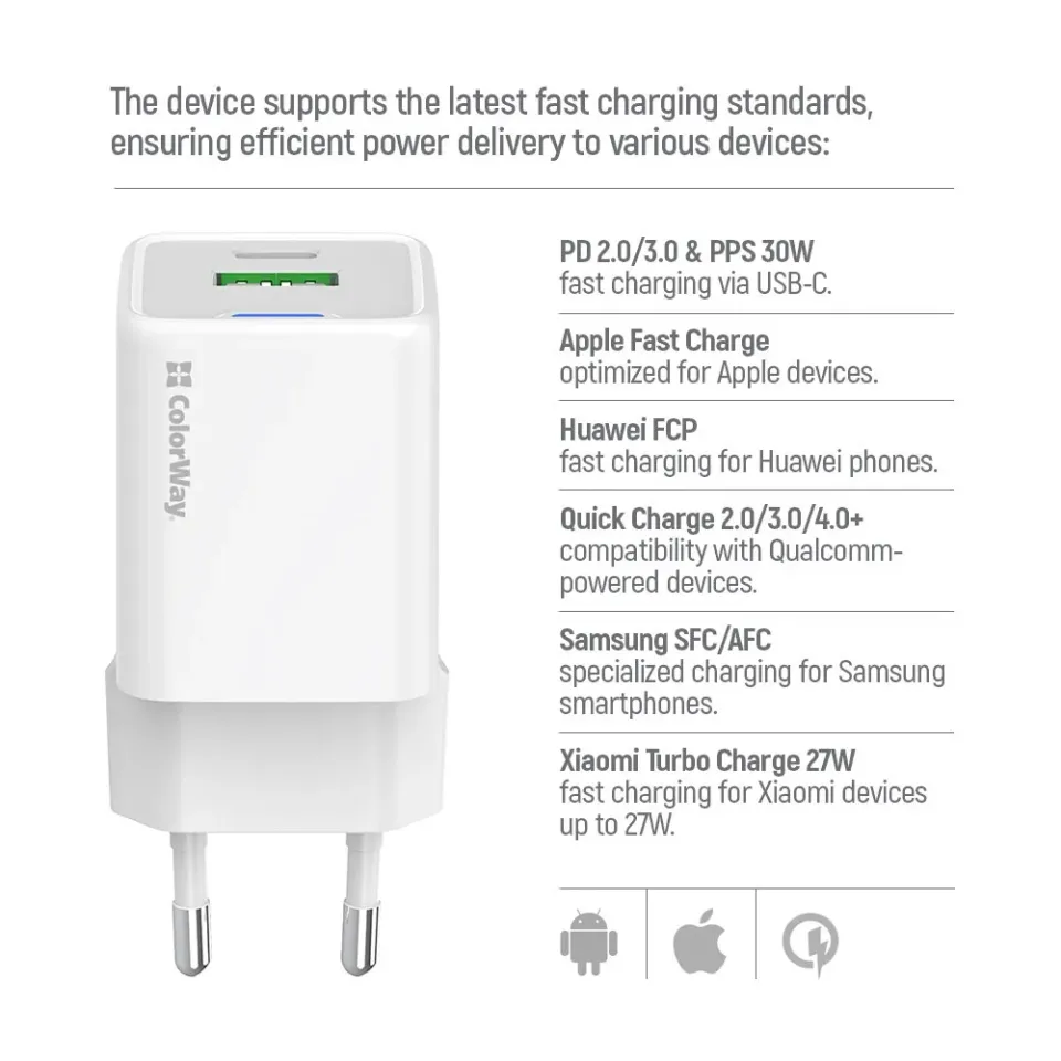 COLORWAY 1x USB-C/ síťová nabíječka/ GaN/ PD/ PPS/ QC/ 30W/ Bílá