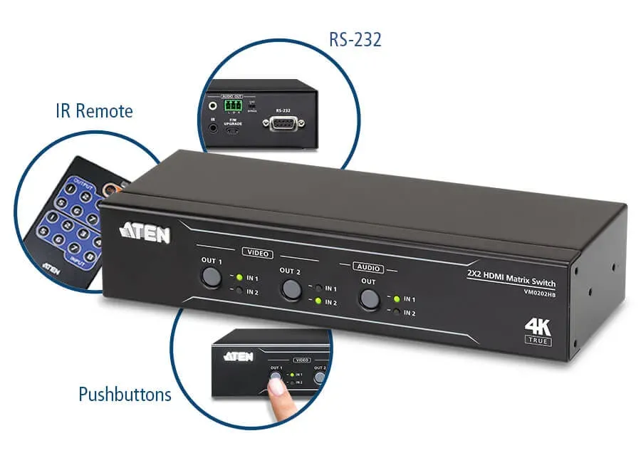 ATEN VM0202HB 2 x 2 True 4K HDMI Matrix Switch with Audio De-Embedder