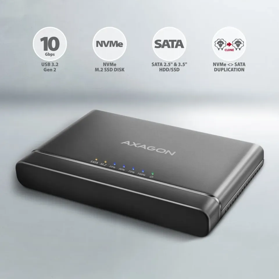AXAGON ADSA-CC USB-C 10Gbps - NVMe M.2 SSD & SATA 2.5"/3.5" SSD/HDD CLONE MASTER