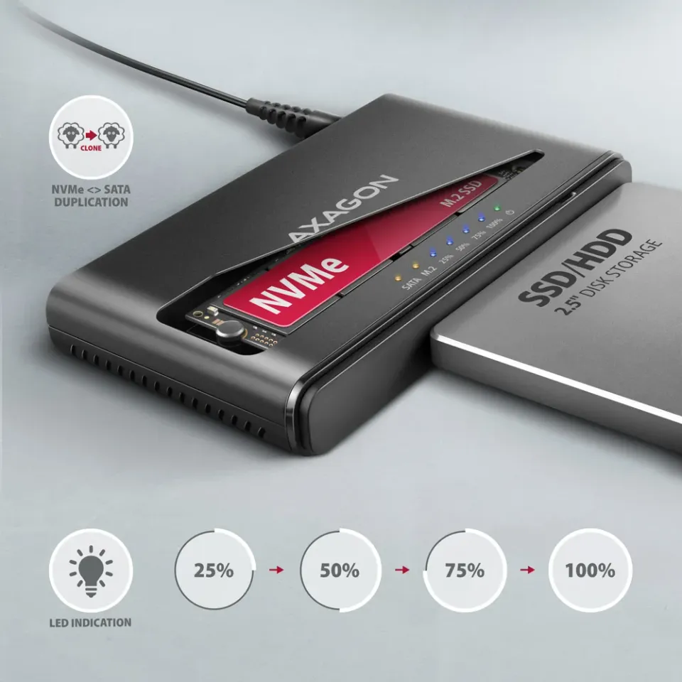 AXAGON ADSA-CC USB-C 10Gbps - NVMe M.2 SSD & SATA 2.5"/3.5" SSD/HDD CLONE MASTER