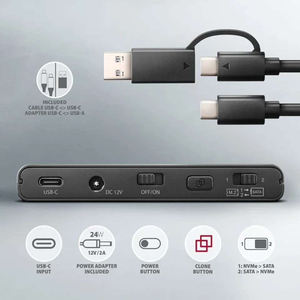 AXAGON ADSA-CC USB-C 10Gbps - NVMe M.2 SSD & SATA 2.5"/3.5" SSD/HDD CLONE MASTER