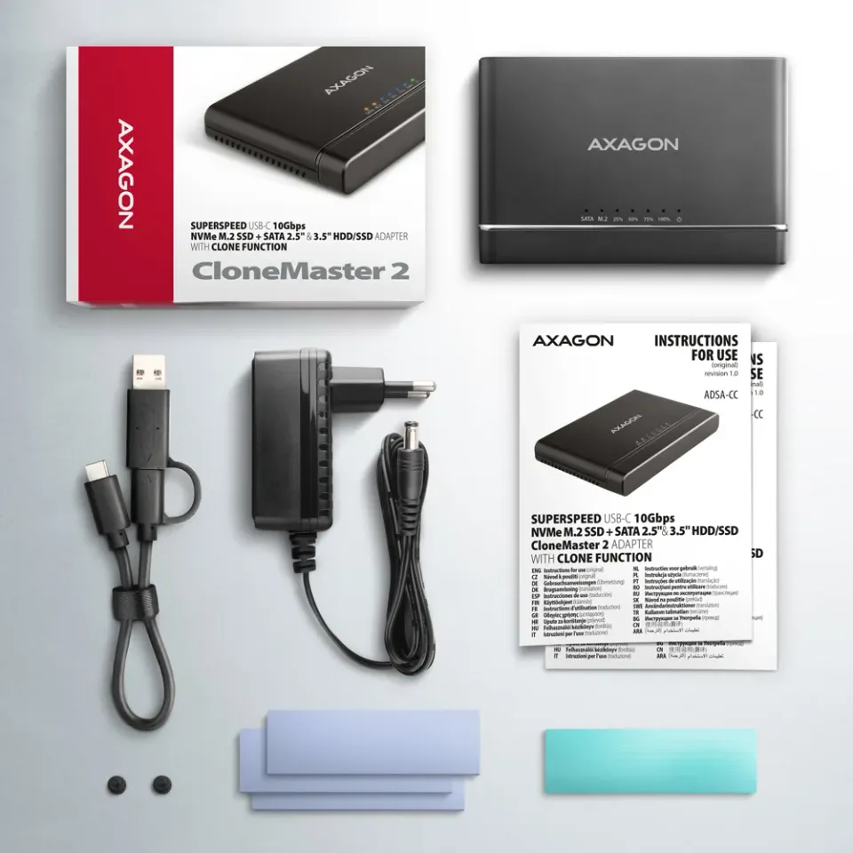 AXAGON ADSA-CC USB-C 10Gbps - NVMe M.2 SSD & SATA 2.5"/3.5" SSD/HDD CLONE MASTER