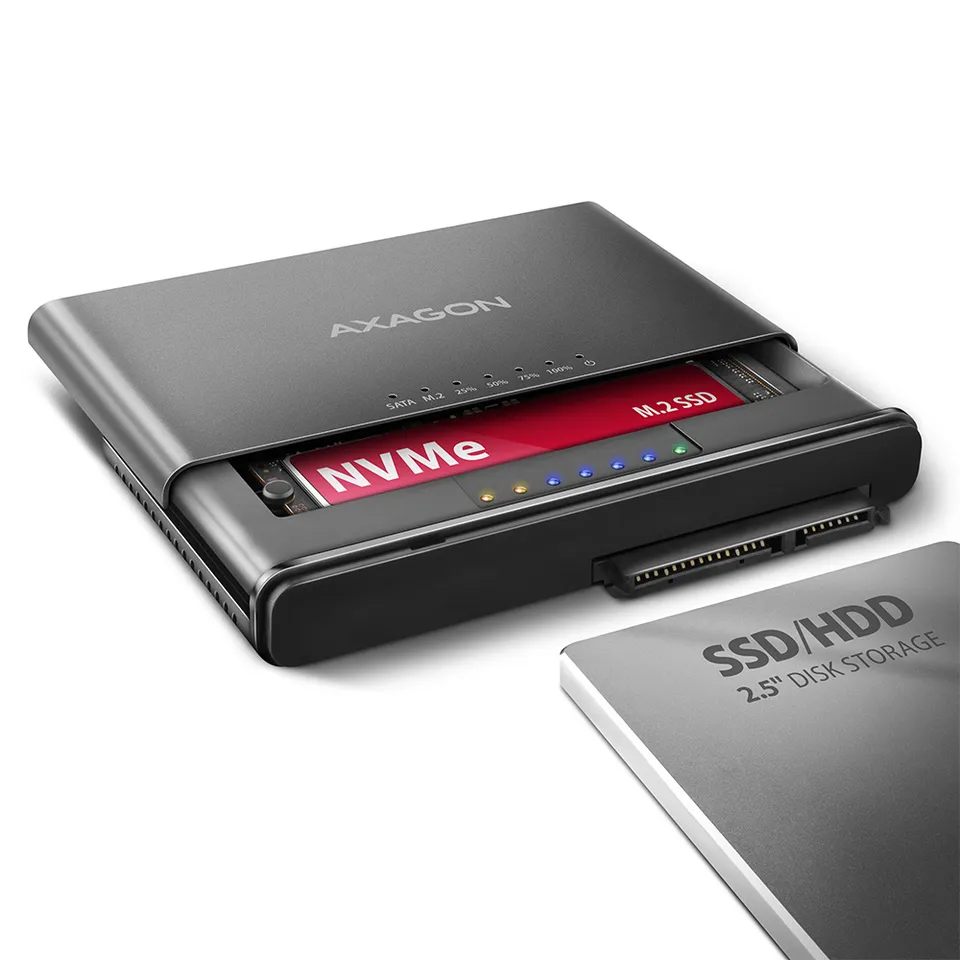 AXAGON ADSA-CC – dokovací stanice USB-C 10 Gb/s pro NVMe M.2 a SATA 2,5"/3,5" SSD/HDD s offline duplikací disků