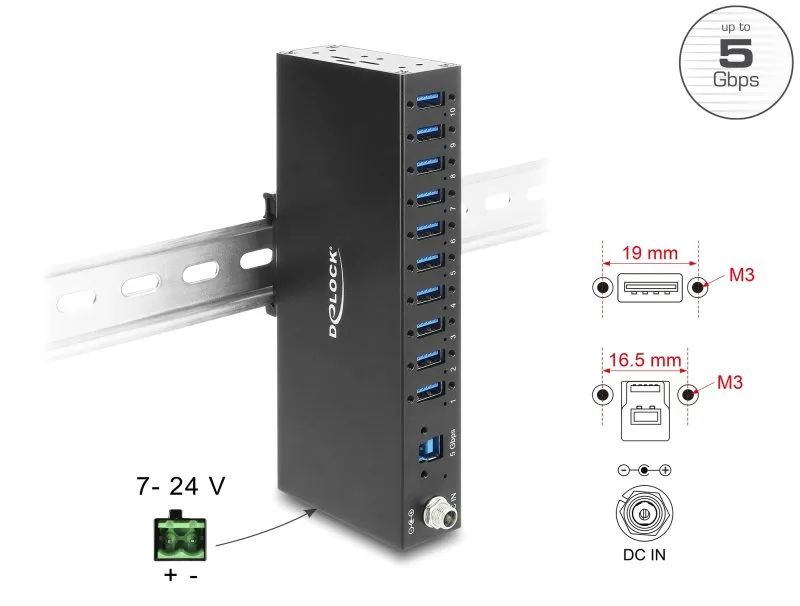 Delock Průmyslový rozbočovač ze 10 x USB 5 Gbps Typ-A s ochranou proti elektrost