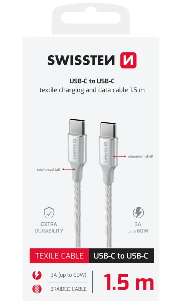 SWISSTEN DATOVÝ KABEL TEXTILE II USB-C / USB-C 1,5 M BÍLÝ