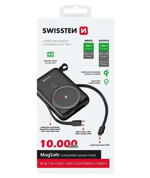 Swissten power bank 10000 mah pd 20w s integrovanými kabely usb-c a lightning (kompatibilní s magsafe)