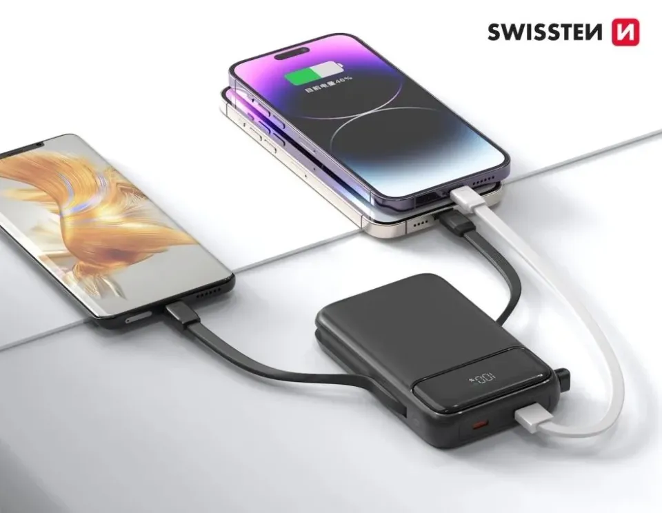 Swissten power bank 10000 mah pd 20w s integrovanými kabely usb-c a lightning (kompatibilní s magsafe)