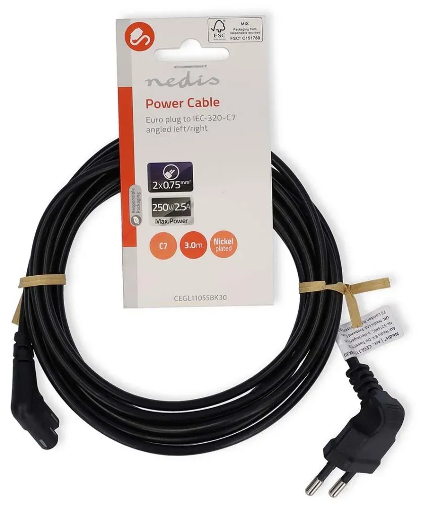 Nedis CEGL11055BK30 - Napájecí Kabel | Euro Zástrčka – IEC-320-C7 | 3 m | Úhlov
