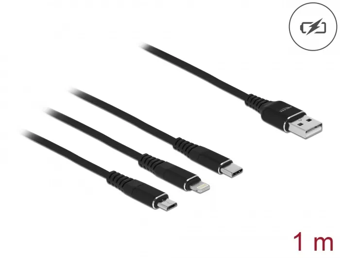 Delock Nabíjecí kabel USB 3 v 1 pro Lightning / Micro USB / USB Type-C, 1 m čern