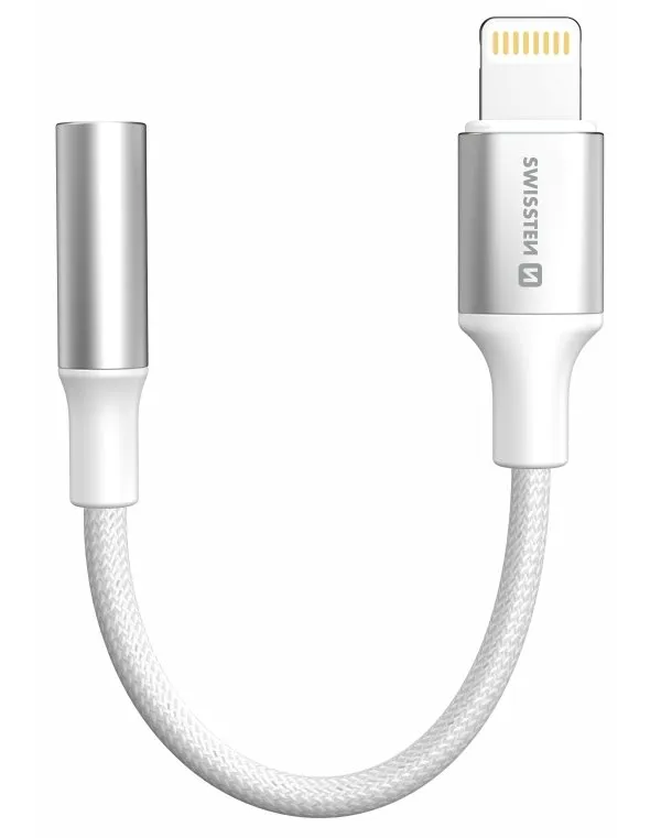 Swissten audio adaptér - textile lightning (samec) / 3,5mm aux 0,15 m bílý (nahrazuje 73501212)