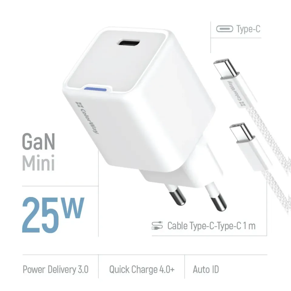 COLORWAY 1x USB-C/ síťová nabíječka/ GaN/ PD/ PPS/ 25W/ Včetně 100cm kabelu/ Bílá