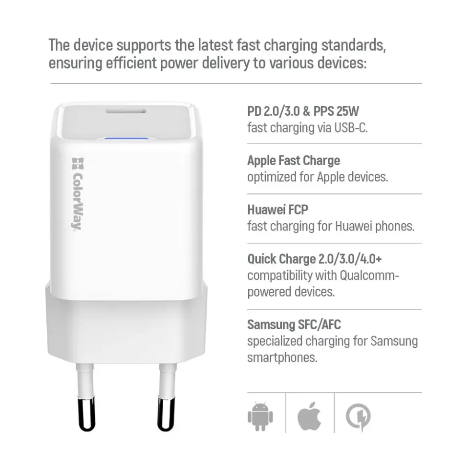 COLORWAY 1x USB-C/ síťová nabíječka/ GaN/ PD/ PPS/ 25W/ Včetně 100cm kabelu/ Bílá