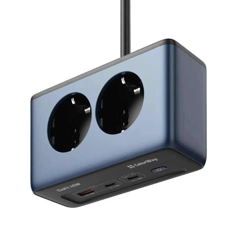 COLORWAY Prodlužovací napájecí přívod s přepěťovou ochranou/ 2x Schuko/ 2x USB-C 45W/ 1x USB-A/ kabel 2m