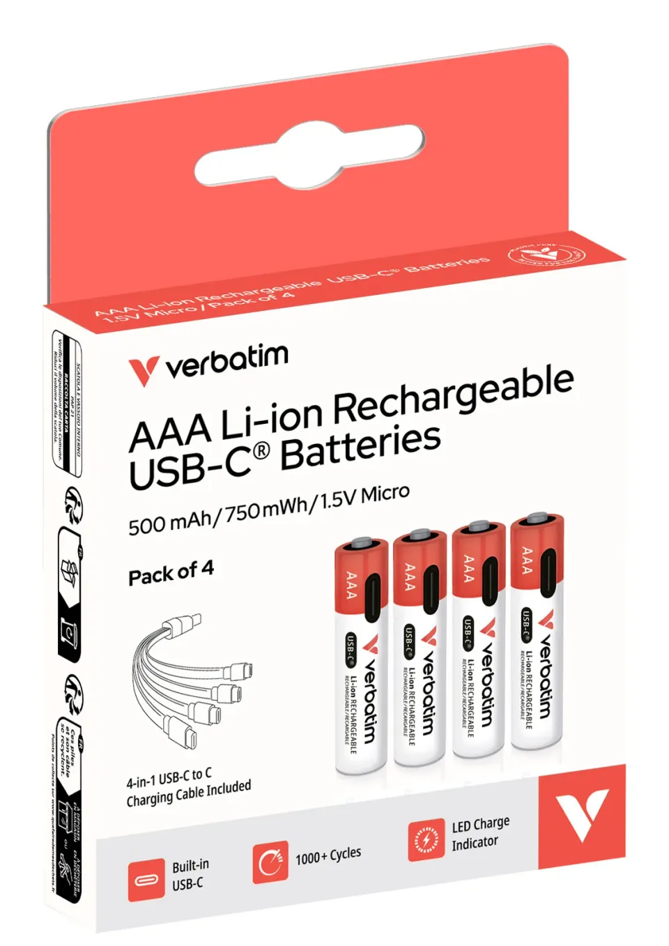 VERBATIM Nabíjecí baterie AAA USB-C 4-Pack 500 mAh