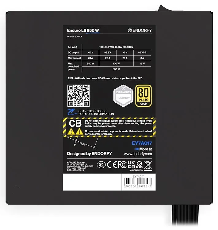 Endorfy Enduro L6 850W, Zdroj, ATX 3.1, 850W, aktivní PFC, 120mm ventilátor, PCI