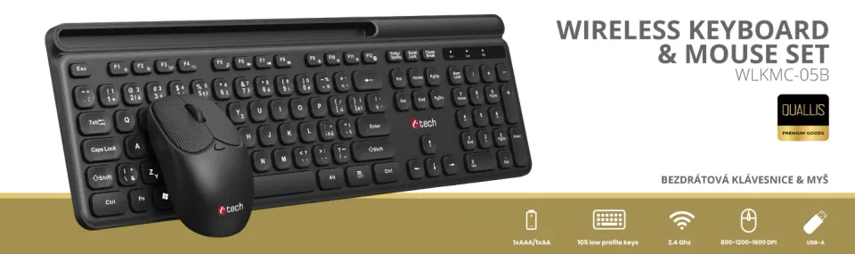 C-TECH WLKMC-05B Quallis, bezdrátový set klávesnice s myší,odkládací prostor,USB