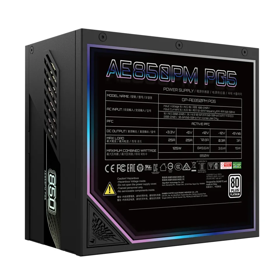 GIGABYTE zdroj AE850PM PG5, 850W, 80+ Platinum, 120mm fan, černá