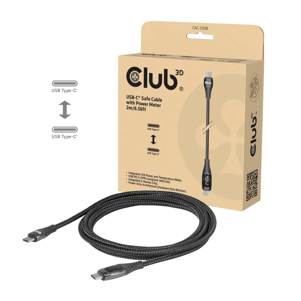 Club3D Kabel USB-C Safe s měřičem výkonu, 240 W, bez přenosu dat, 2m