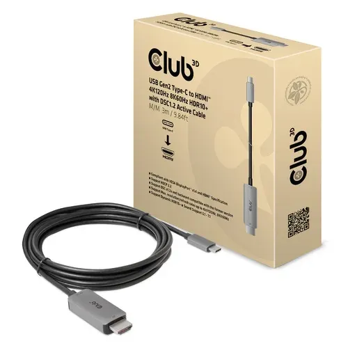 Club3D kabel USB-C na HDMI, 4K120Hz 8K60Hz HDR10 s DSC1.2, Aktivní kabel, M/M, 3m