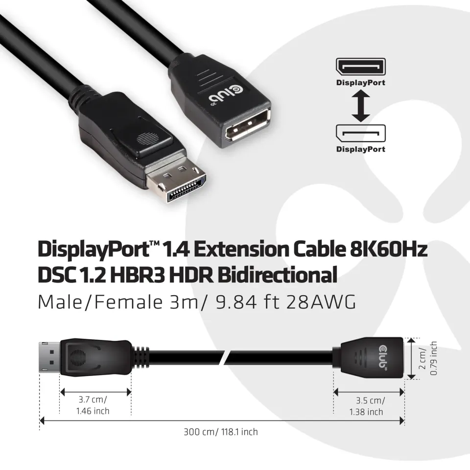 Club3D Kabel prodlužovací DisplayPort 1.4 8K 60Hz DSC 1.2 HBR3 HDR Bidirectional (M/F), 3m