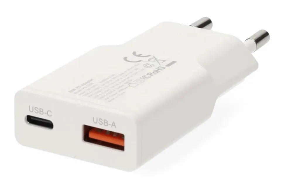 NEDIS síťová nabíječka/ 30 W/ PD 3.0/ rychlé nabíjení/ 1.5 / 2.0 / 2.22 / 3.0 A/ USB-A/ USB-C/ bílá