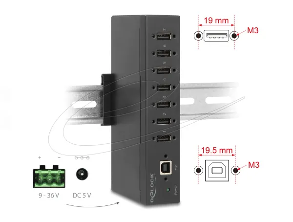 Delock Průmyslový rozbočovač ze 7 x USB 2.0 Typ-A s ochranou proti elektrostatic