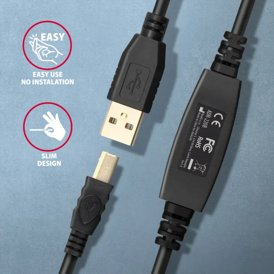 AXAGON ADR-220B, USB A-B, 2.0 aktivní prodlužovací / repeater kabel, 20m