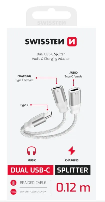 SWISSTEN NABÍJECÍ AUDIO ADAPTÉR TEXTILE USB-C (samec) / 2x USB-C (samice) 0,12 M (73502305)