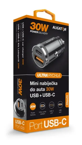 Aligator mini nabíječka do auta Power Delivery 30W, USB-C + USB-A