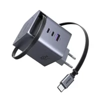 UGREEN síťová rychlonabíječka se zatahovacím kabelem 100W 3-Port, 2x USB-C, 1x USB-A, GaN, stříbrná