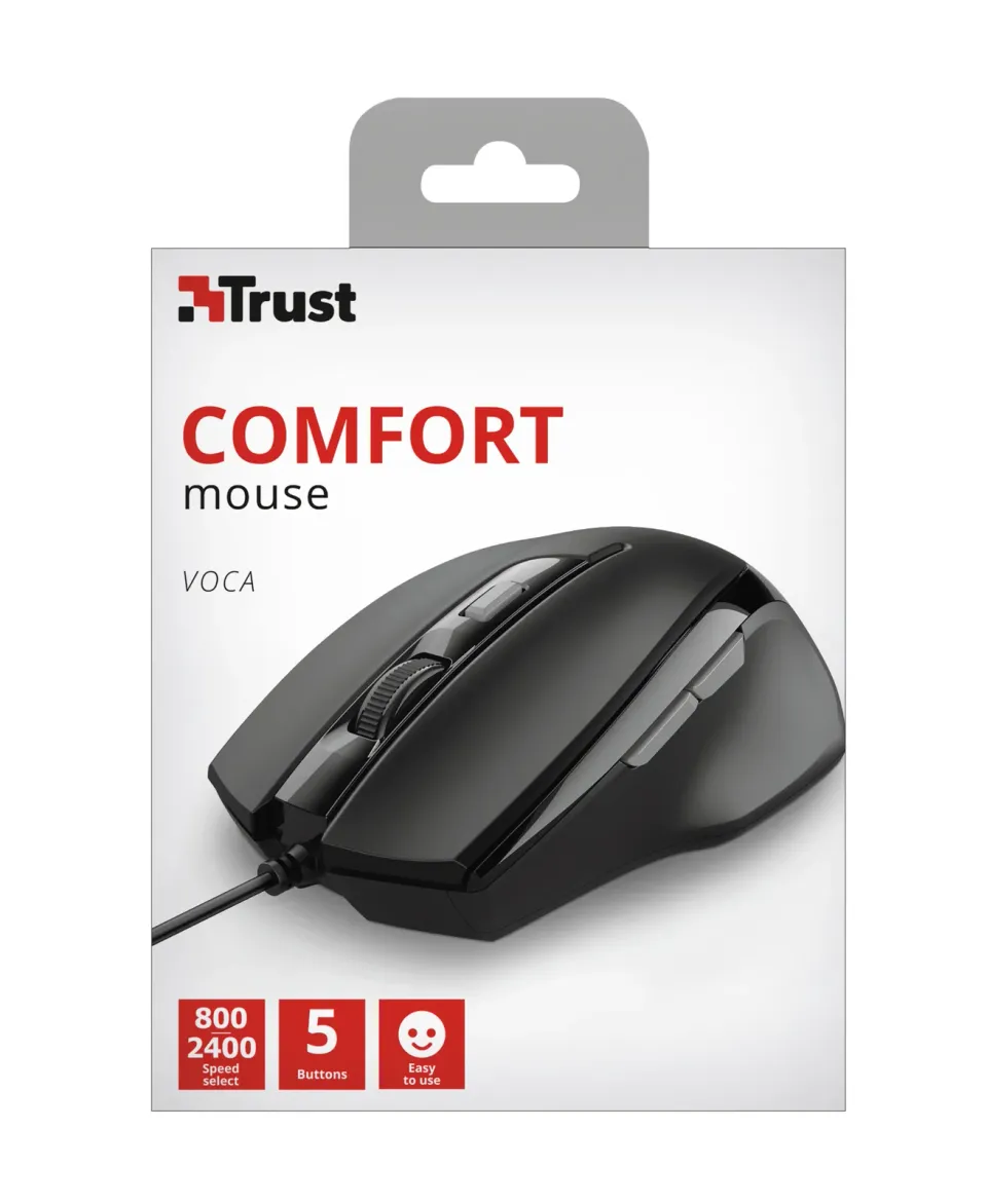TRUST VOCA/Kancelářská/Optická/Pro praváky/2 400 DPI/Drátová USB/Černá