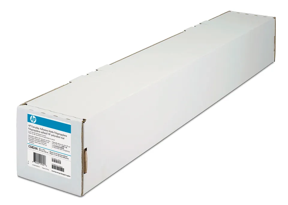HP Everyday Adhesive Matte Polypropylene. 2 pack, 180 microns (7.1 mil) • 120 g/m2 • 610 mm x 22.9 m • 2-pack, C0F18A