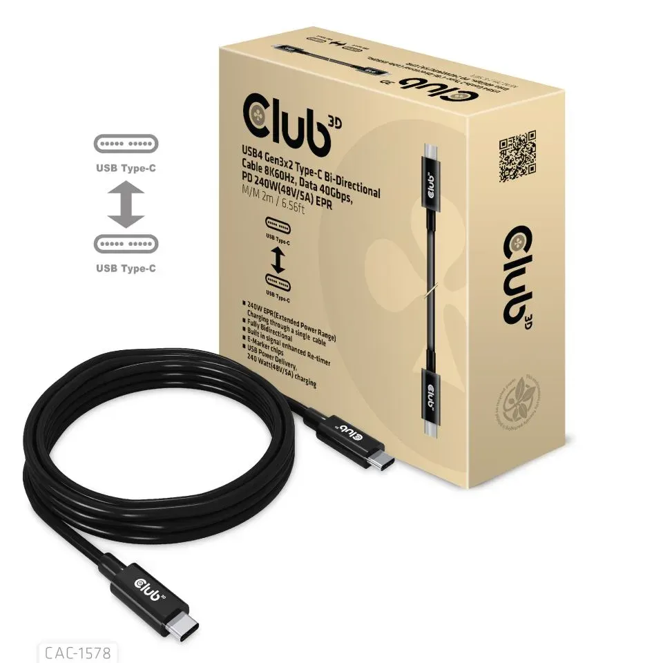 Club3D Kabel USB4 Gen3x2 Type-C Oboustranný kabel 8K60Hz, Data 40 Gbps, PD 240W(48V/5A) EPR M/M 2m