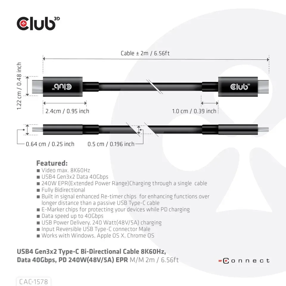 Club3D Kabel USB4 Gen3x2 Type-C Oboustranný kabel 8K60Hz, Data 40 Gbps, PD 240W(48V/5A) EPR M/M 2m