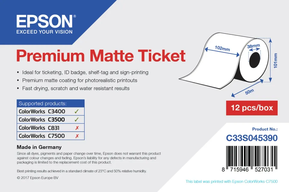EPSON Premium Matte Ticket - Roll: 102mm x 50m