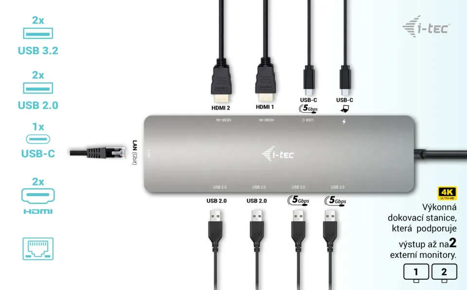 i-tec USB-C Metal Nano 2x HDMI Docking Station, PD 100W