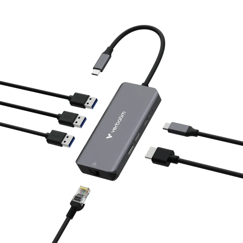 VERBATIM Dokovací stanice USB-C, 6v1, RJ45, HDMI, USB-C PD, 3xUSB 3.0, šedá