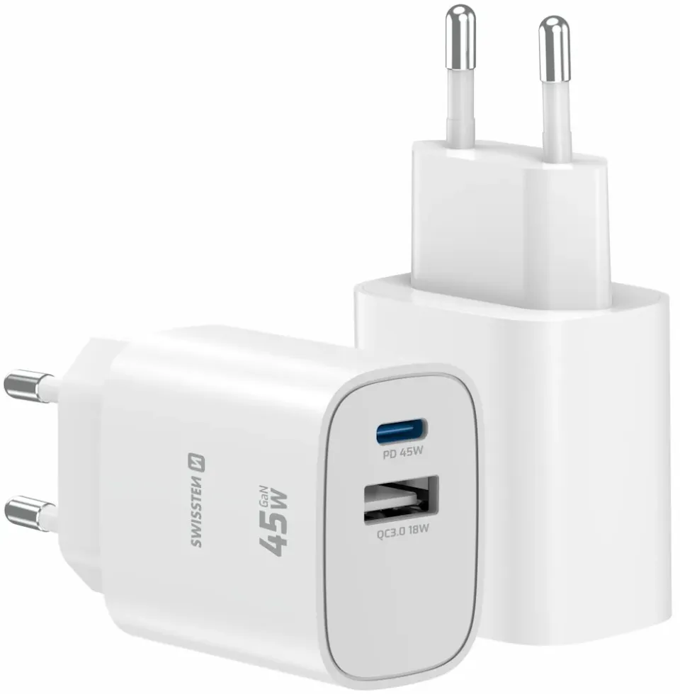 Swissten Síťový Adaptér Edge GaN 1x USB-C PD 45W + 1x USB-A 18W QC Bílý